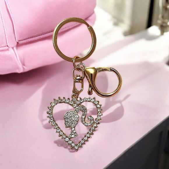 Barbie White Rhinestone Heart Gold Tone Keychain Bag Charm MWT - Picture 1 of 1